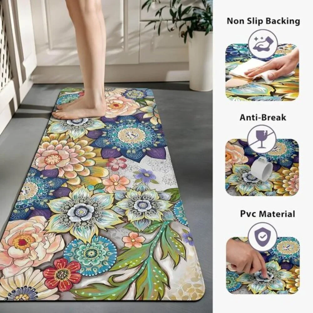 New 2PCS Floral Kitchen Rugs, Non-Slip Cushioned Anti-Fatigue Floor Mats
